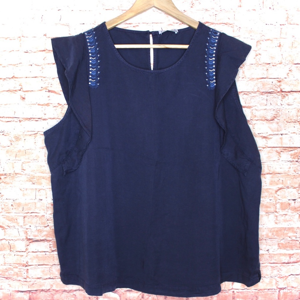 Dex Plus | Navy Ruffle Front Embroidered Detailed Blouse